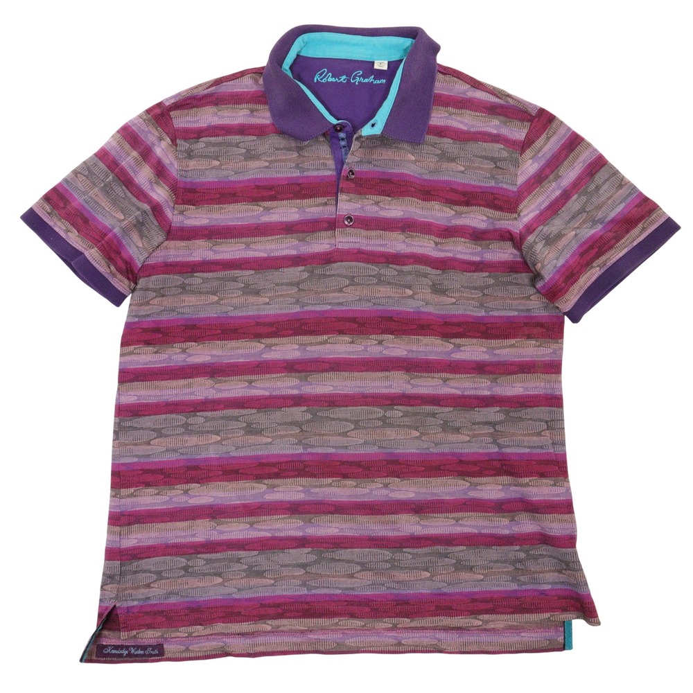 Robert Graham Polo‎ Shirt Classic Fit Striped Textured Purple Cotton Men L